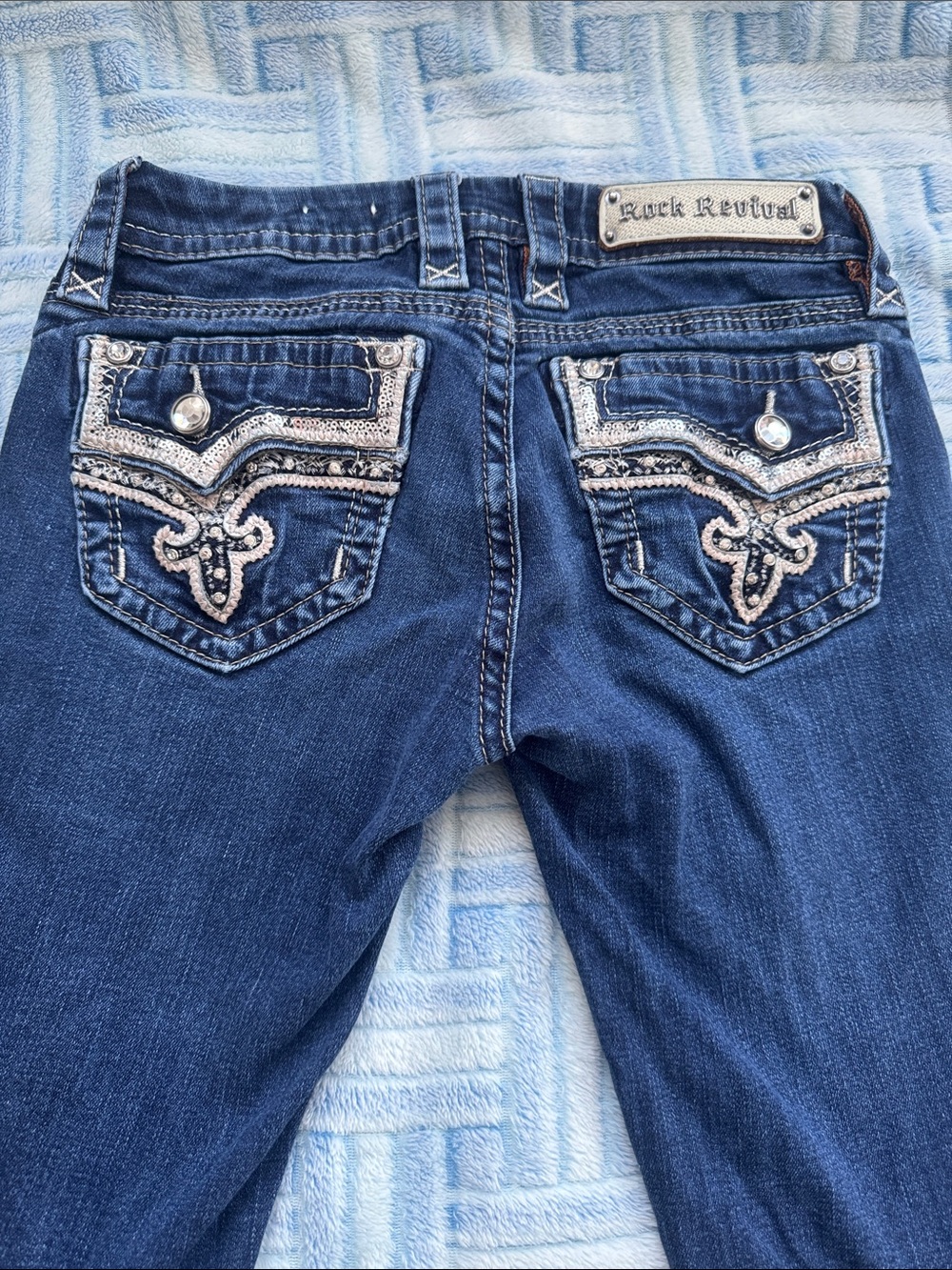 Rock Revival Dark Blue Denim Skinny Jeans with Silver Embellished Pockets